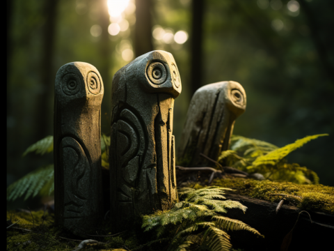Tikis-totems en forme de chouette, balisage des chemins de Råăpu Jirí Tikis-totems en forme de chouette, balisage des chemins de Råăpu Jirí