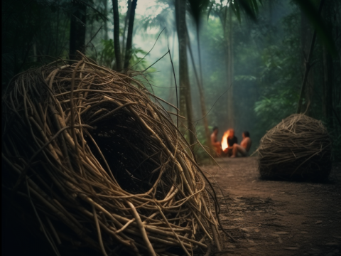 Cabane et feu de camp dans la forêt Cabane et feu de camp dans la forêt