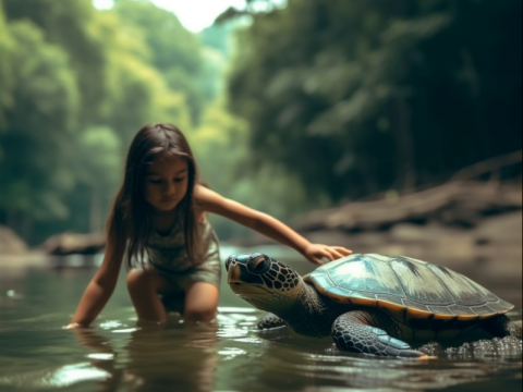 L'enfant et la tortue dans la rivière, la vie en symbiose L'enfant et la tortue dans la rivière, la vie en symbiose