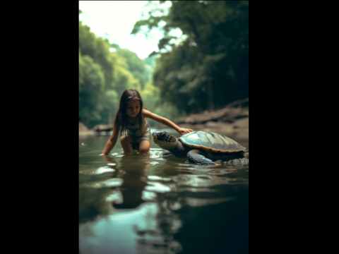 L'enfant et la tortue dans la rivière, plan large L'enfant et la tortue dans la rivière, plan large