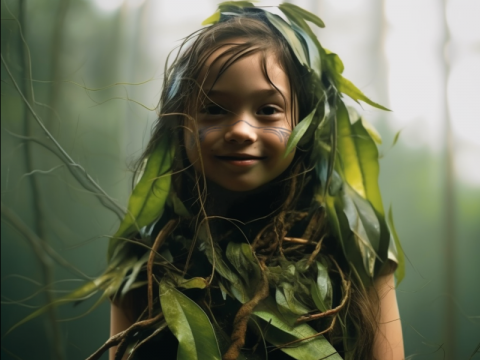 Enfant habillé de feuilles et son tatouage Enfant habillé de feuilles et son tatouage