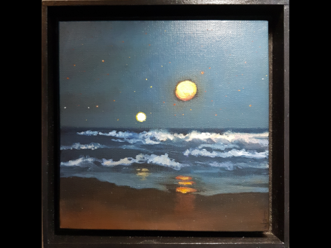 Vue de nuit de la mer de Råăpu-Jirí avec ses deux lunes Vue de nuit de la mer de Råăpu-Jirí avec ses deux lunes